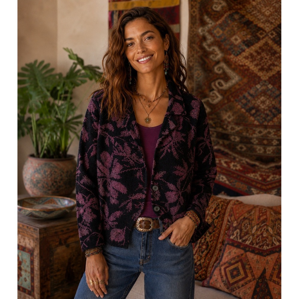 Peruvian‎ Connection Alpaca Wool Floral Cardigan Sweater Jacket Plum Black XS